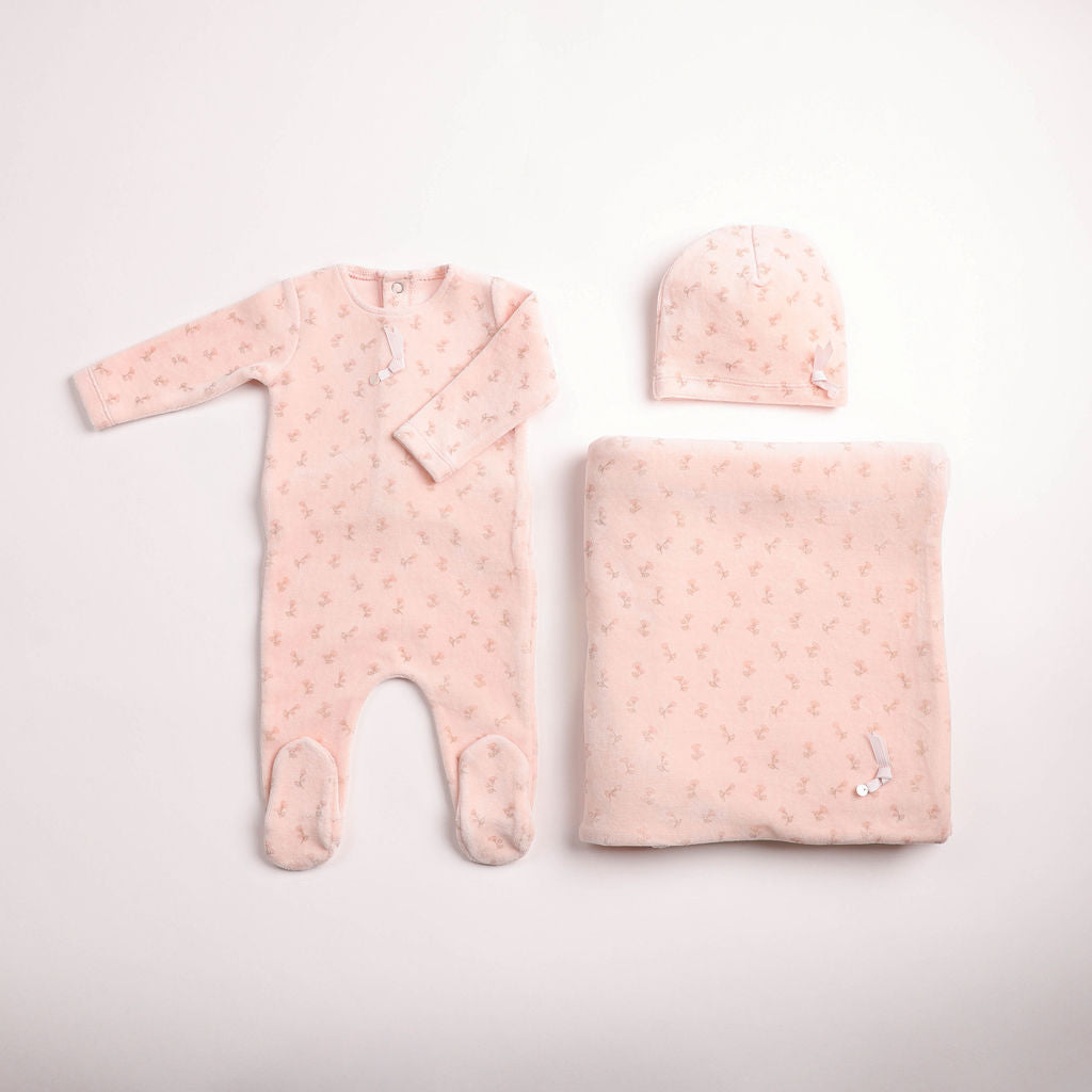 Blossoms Print Velour Footie - pearly-pink