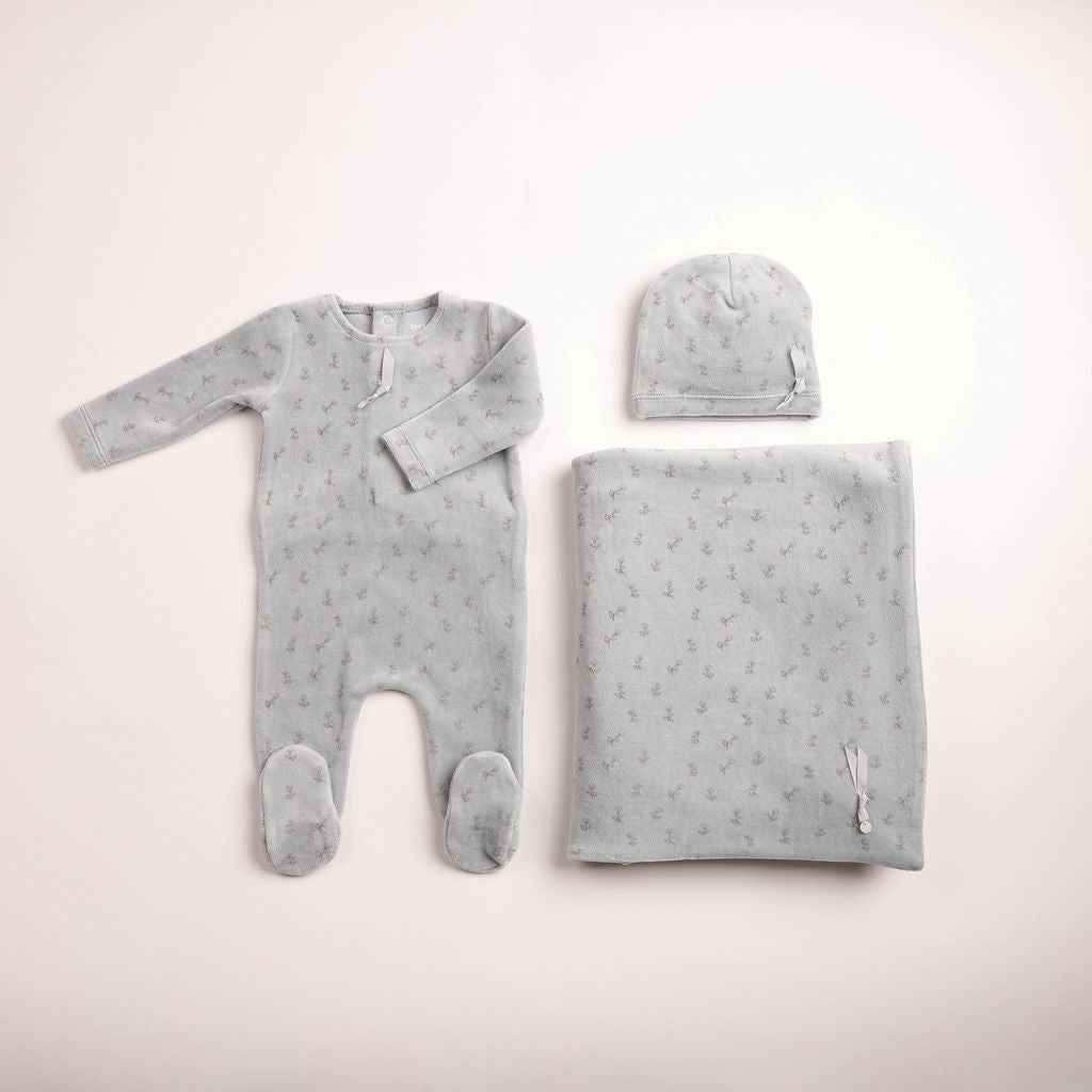 Blossoms Print Velour Footie - sky-blue