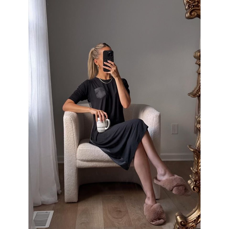 Black Satin Accent Long Sleeve Nightshirt
