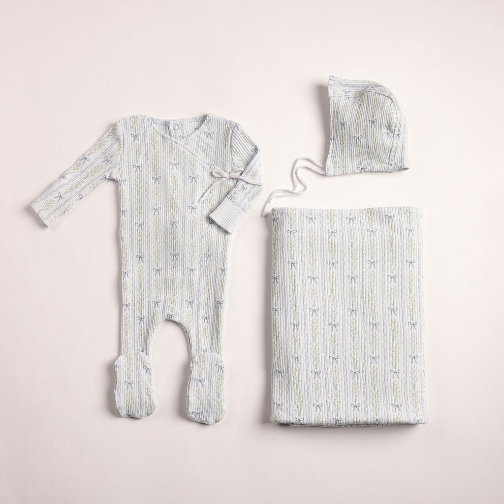 Linear Floral Wrap Footie - illusion-blue