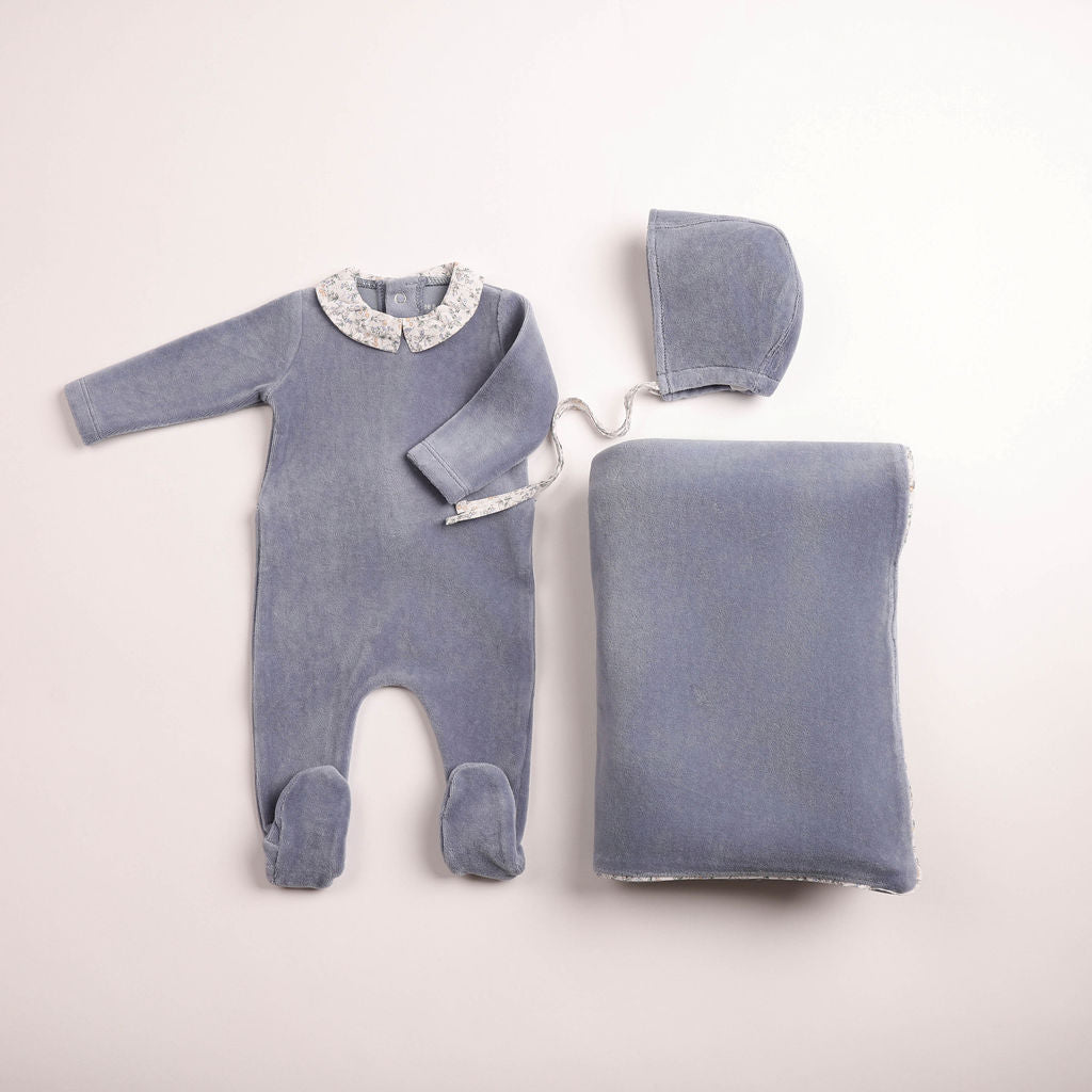 Petit Fleurs Velour Footie - blue-haze