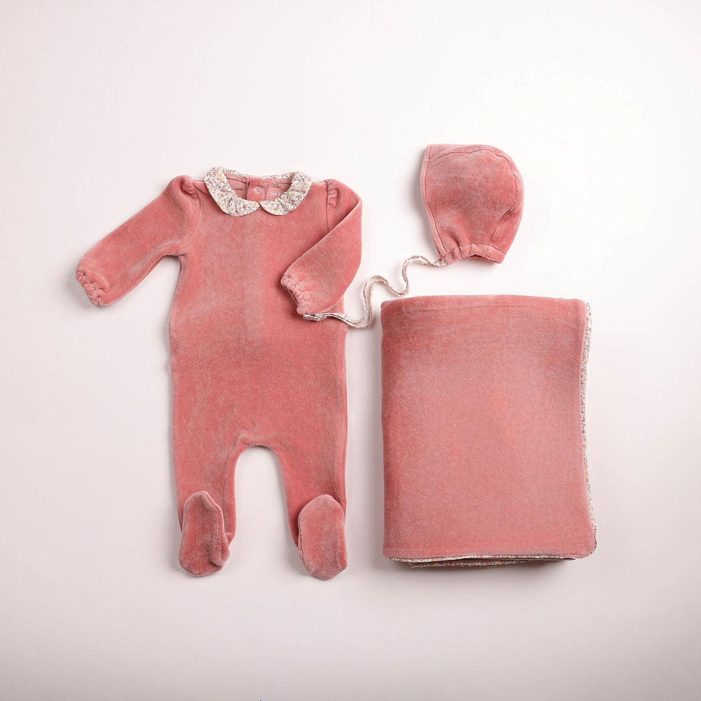 Petit Fleurs Velour Footie - sand-pink