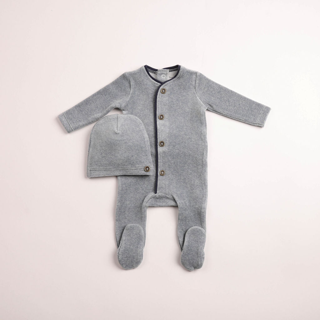 Prim Trim Velour Footie - Smokey Blue