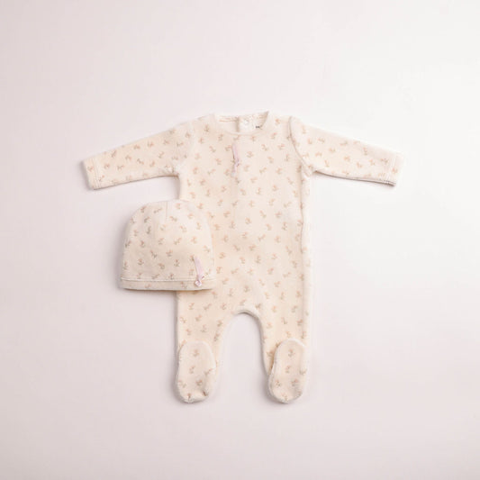 Blossoms Print Velour Footie - Linen Girls