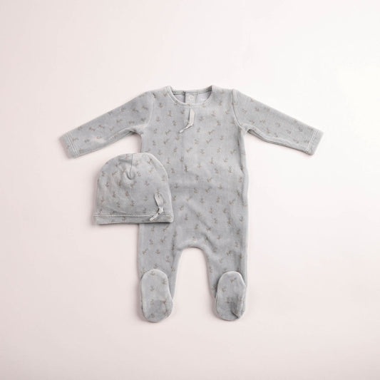 Blossoms Print Velour Footie - Sky Blue