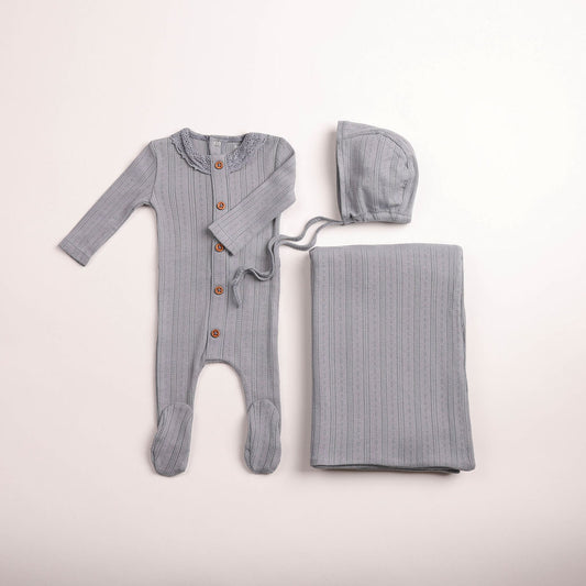 Crochet Trim Pointelle Layette - Blue Haze