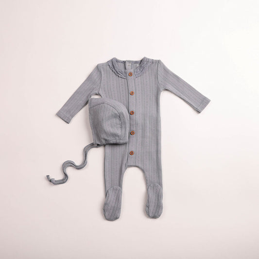 Crochet Trim Pointelle Footie - Blue Haze