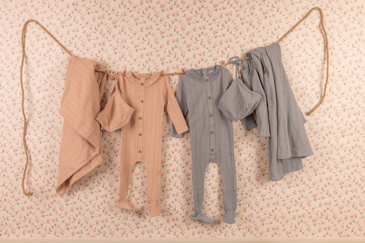 Crochet Trim Pointelle Layette - Misty Rose