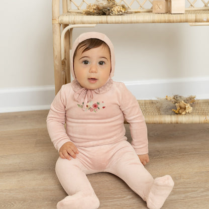 Embroidered Flowers Velour Footie