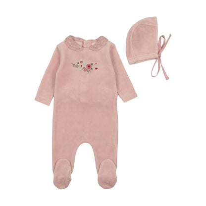 Embroidered Flowers Velour Footie