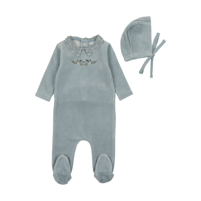 Embroidered Flowers Velour Footie