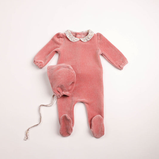 Petit Fleurs Velour Footie - Sand Pink
