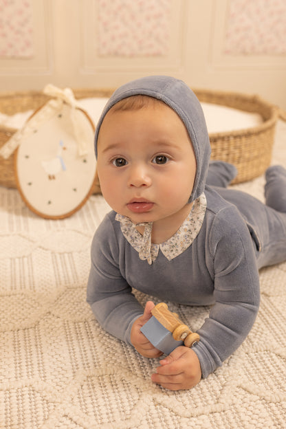 Petit Fleurs Velour Footie - Blue Haze
