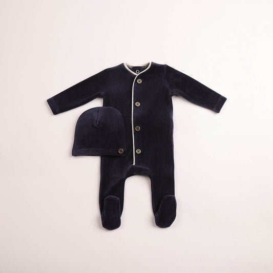 Prim Trim Velour Footie - Captain Blue